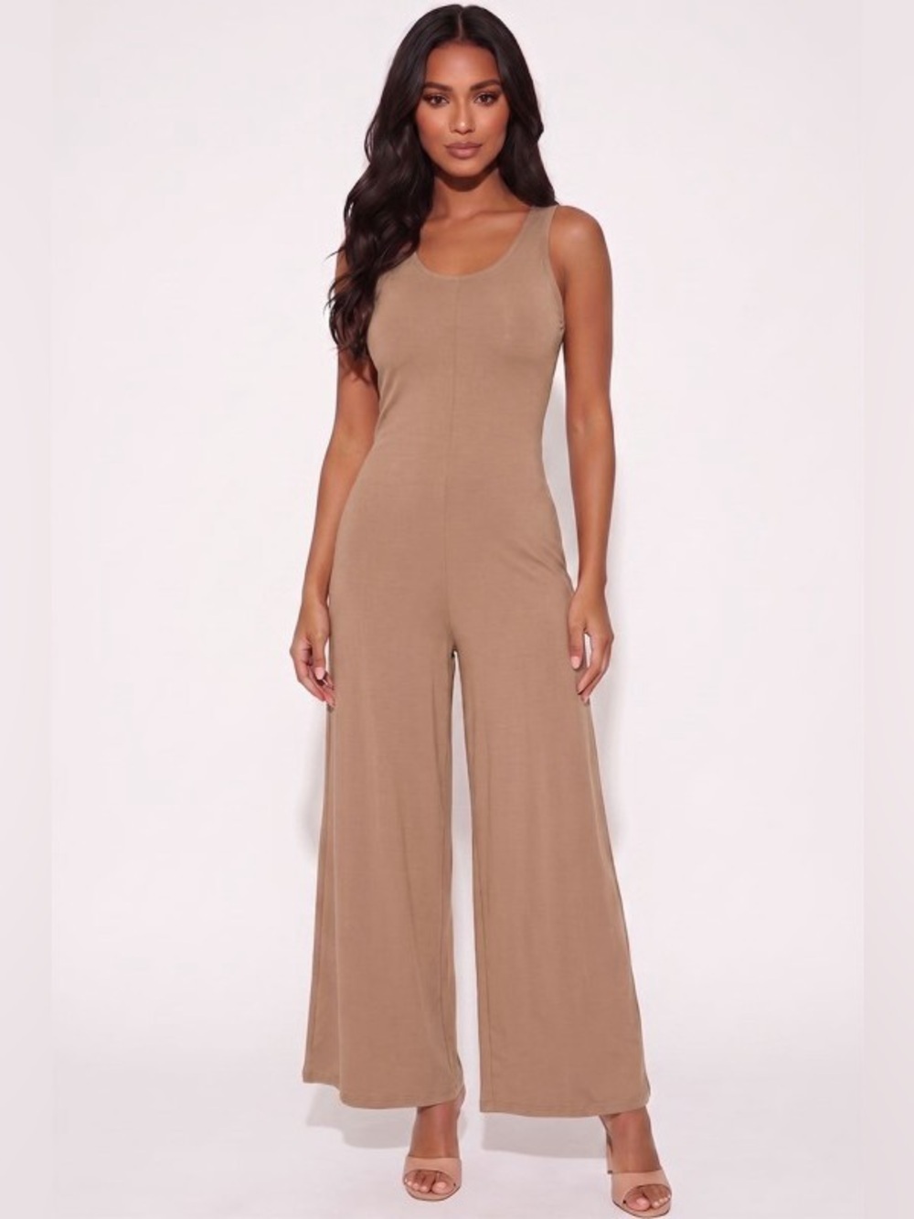Sleeveless Wide-Leg Jumpsuit in Taupe